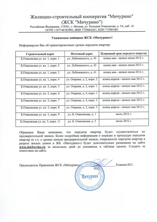 Информационное сообщение-уведомление для пайщиков ЖСК «Мичурино»